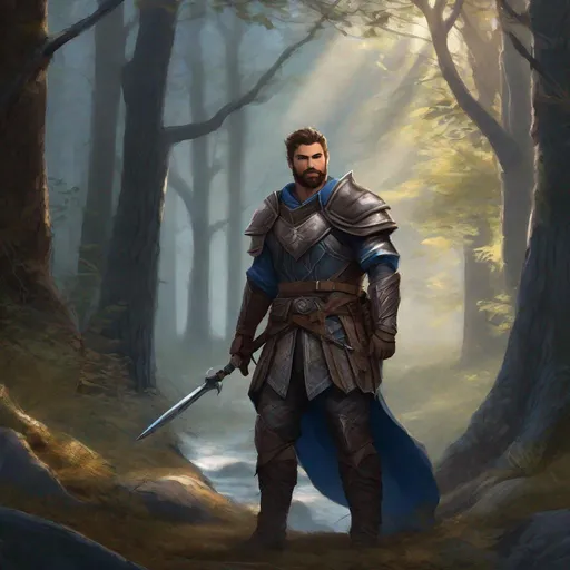 Prompt: (Full-body) A handsome large hairy male fantasy warrior, short hair and short-beard, blue eyes, scar, hairy chest visible, holding a fantasy weapon, d&d, dark fantasy woods, matte shaded illustration, realistic digital art
