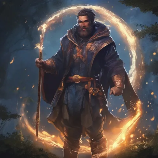 Prompt: (Full body) male stocky magus with short-cut hair and beard, casting a swirly astral-spell, in nature at night pathfinder, d&d setting, in a realistic digital art style