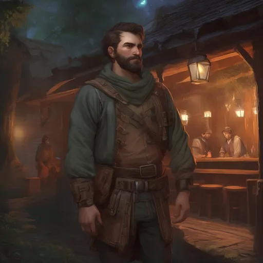 Prompt: (Full body) male handsome large stocky young bandit thirf with short-cut hair and beard, outside of a tavern by a forest at night, pathfinder, d&d setting, in a realistic high quality digital art style