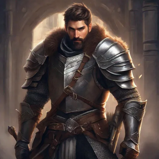 Prompt: (Full-body) A handsome rugged hairy male knight, short-hair and short-bearded, leather armor open in the chest, hairy chest visible, holding a fantasy weapon, dark fantasy street, matte shaded illustration, realistic digital art