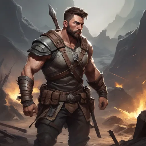 Prompt: Male stocky muscular ranger-warrior with short-cut hair and beard, in a battlefield at pitchblack night, pathfinder, d&d setting, in a realistic high quality digital art style, enhanced shadow quality, colorful