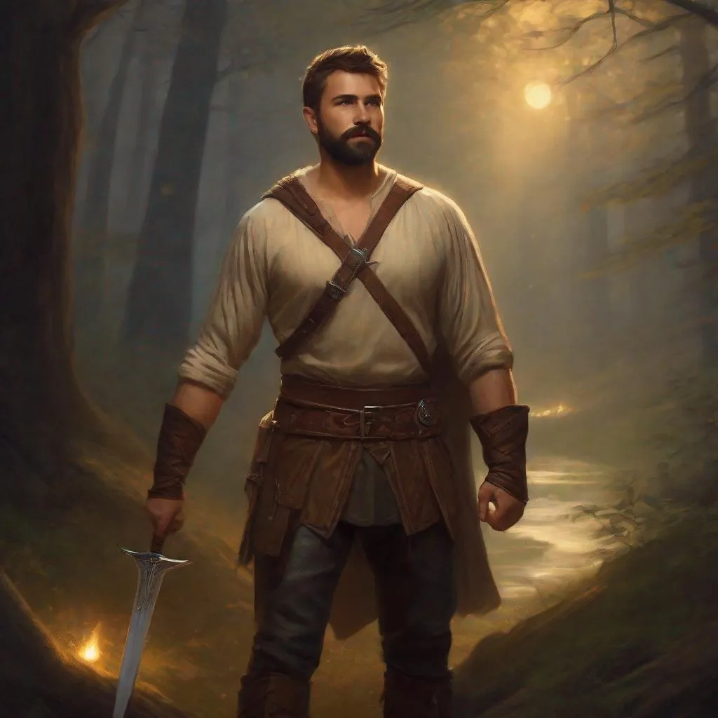 Prompt: (Full body) A male bare chested hairy fighter short-cut salt and pepper hair with short-beard manly face, pathfinder, faint lights in the background, holding sword, dungeons and dragons, brown boots, fantasy setting, standing in a forest glade at night, in a painted style realistic art