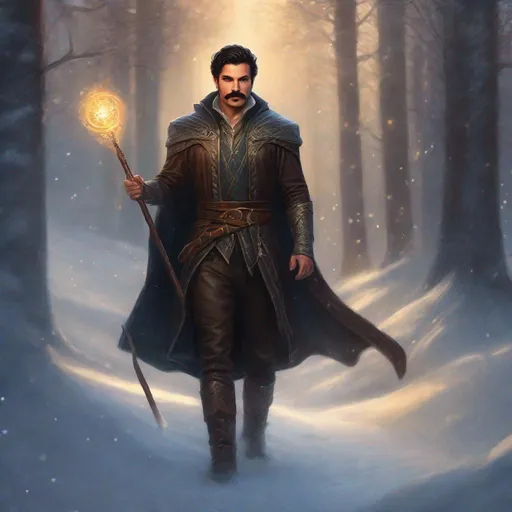 Prompt: (Full body) a male magus with mustache and stubble short-cut dark hair, handsome manly face, belt, boots, leather pants, holding magical staff, swirly lights, standing outside of a snowy forest, fantasy setting, dungeons & dragons, in a painted style realistic art