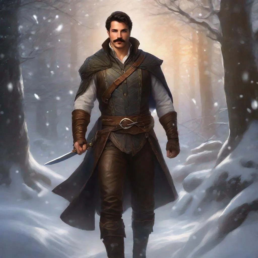 Prompt: (Full body) a male arcane rogue with mustache and stubble short-cut dark hair, handsome manly face, belt, boots, leather pants, holding magical dagger, swirly lights, standing outside of a snowy forest, fantasy setting, dungeons & dragons, in a painted style realistic art