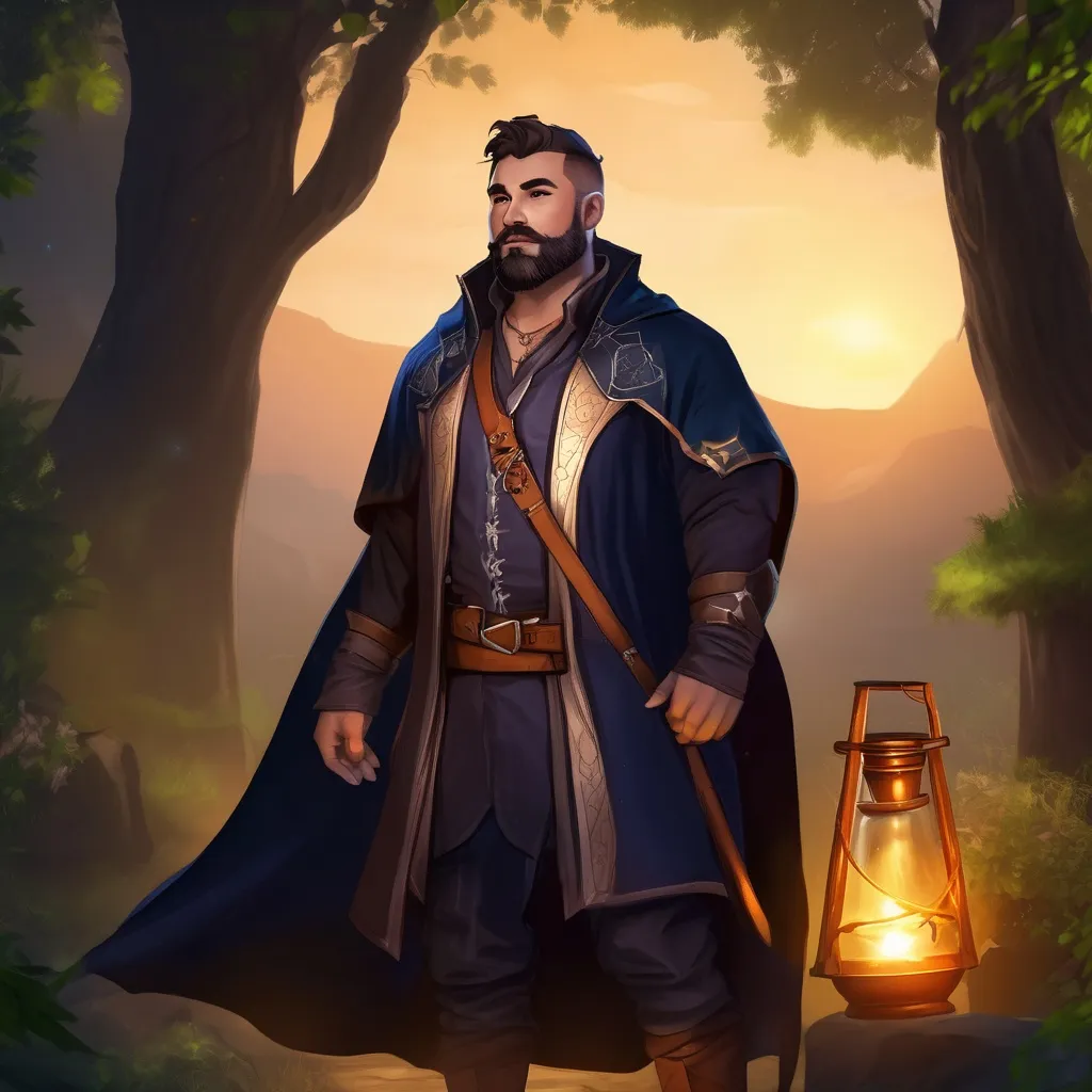 Prompt: (Full body) male stocky magical alchemist with short hair and beard, in dark lit nature background, pathfinder, d&d setting, in a realistic digital art style