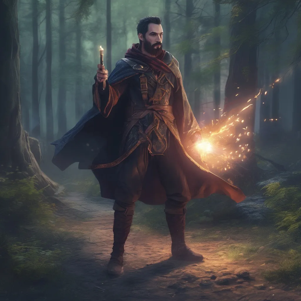 Prompt: (Full body) male large albanian sorcerer with short-cut hair and beard, casting a magical spell, outside of a forest at night, cloak, pathfinder, d&d setting, in a realistic digital art style