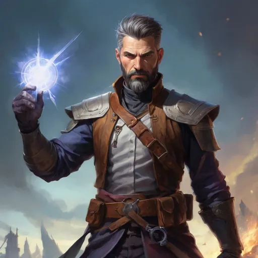 Prompt: (torso) Male heavy-set mature fit magical alchemist with short-cut hair and beard, holding fantasy-weapon, in movement, in a windy battlefield, pathfinder, d&d setting, enhanced shadow quality