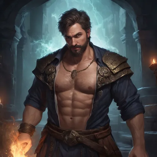 Prompt: (torso) Male stocky mature summoner with short-cut hair and beard, hairy chest open shirt, inside of a magical temple dungeon at night, summoning an magic eidolon-creature, pathfinder, d&d setting, in a realistic high quality digital art style, enhanced shadow quality