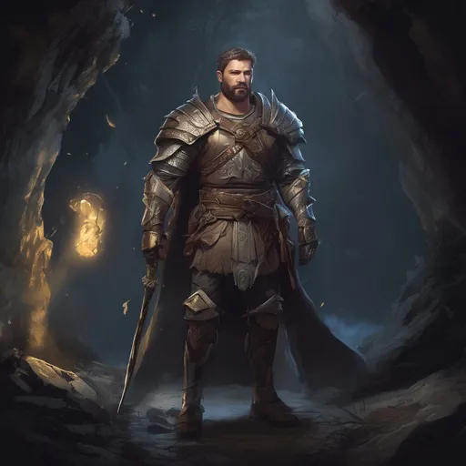 Prompt: (Full body) male handsome large muscular magical crusader with short hair and beard, outside of a cave by a forest at night, pathfinder, d&d setting, in a realistic high quality digital art style