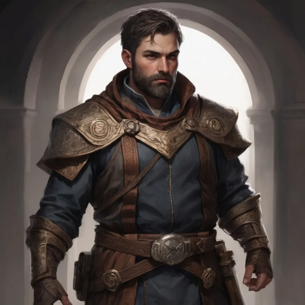 Prompt: Male stocky large masculine holy-cleric with short-cut hair and beard, exploring a dark trasure room, pathfinder, d&d setting, realistic, enhanced shadow quality