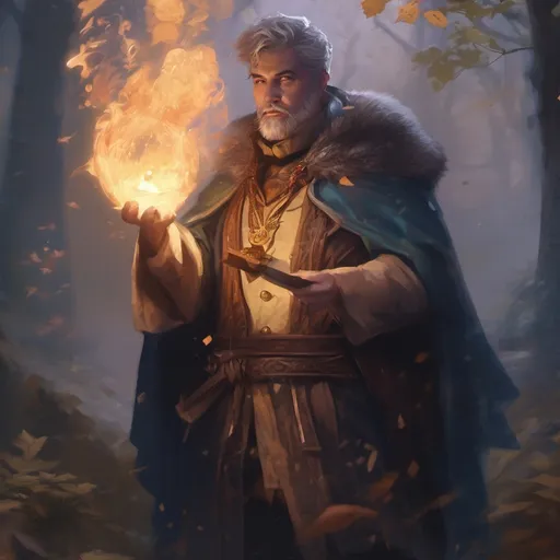 Prompt: (Full body) male stocky large magical young wizard with short-cut salt and pepper hair and beard, casting a magical spell, in nature in the dark, cloak, pathfinder, d&d setting, in a realistic digital art style