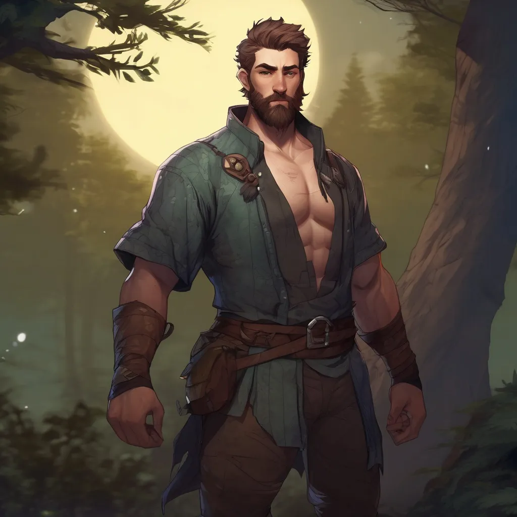 Prompt: (Full body) male big-chested fighter with short hair and beard, thin open shirt on, in nature at night, pathfinder, d&d setting, in a realistic digital art style