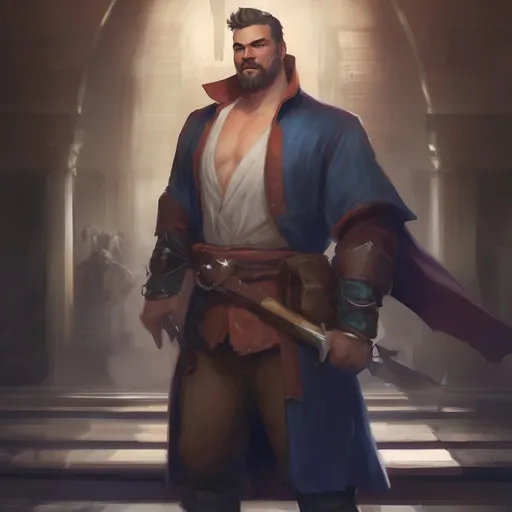 Prompt: (Full body) male stocky big-chested magical pirate-mage with short hair and beard, no shirt on, in a dark castle, pathfinder, d&d setting, in a realistic digital art style