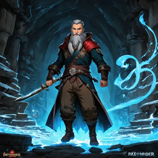 Prompt: (Full body) male kineticist with grey short hair and beard, holding a weapon, exploring an underground temple in the dark, magic swirls, pathfinder, d&d setting, in a drawn digital art style