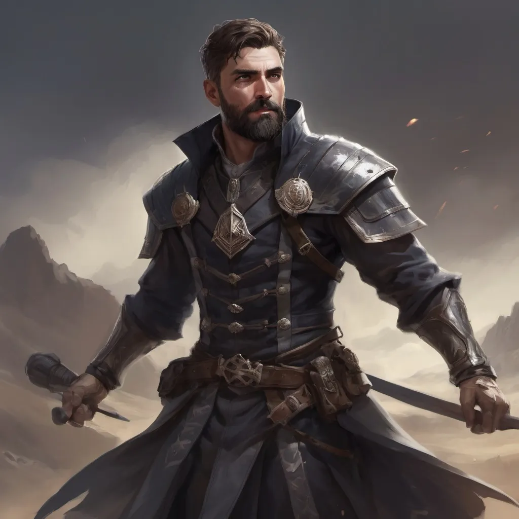 Prompt: Male stocky heavy-set argentinian royal magus with short-cut hair and beard, on a windy battlefield, pathfinder, d&d setting, in a realistic high quality digital art style, enhanced shadow quality