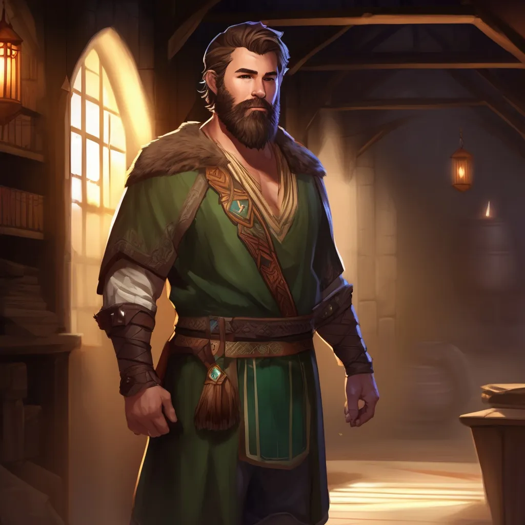 Prompt: (Full body) male stocky hairy-chested druid with short hair and beard, open shirt, in a dark hall, pathfinder, d&d setting, in a realistic digital art style