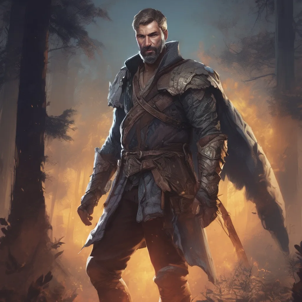 Prompt: (Full body) male handsome mature large muscular magical sorcerer with short hair and beard, in a forest at dark night, pathfinder, d&d setting, in a realistic high quality digital art style