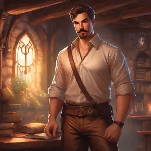 Prompt: (Full body) A broad-chested large male magical investigator with short hair looks like mark from coral island, a mustache and stubble, pathfinger,  no shirt on, leather pants, holding a weapon, dungeons and dragons, brown boots, fantasy setting, researching in a haunted house, in a painted style realistic art