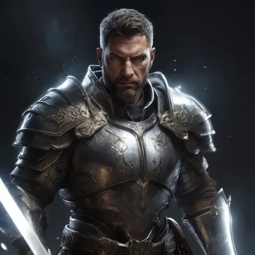 Prompt: Male stocky large mature muscular holy-paladin in armor with short-cut hair and beard, engaged in combat casting a white-light spell in a dark tresure room, realistic, enhanced shadow quality