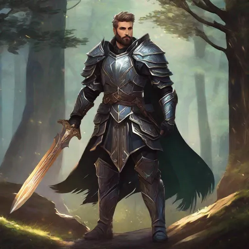 Prompt: (Full body) macho male magus with a short hair and beard, revealing armor, standing outside of a forest, fantasy setting, in a realistic detailed digital art style.