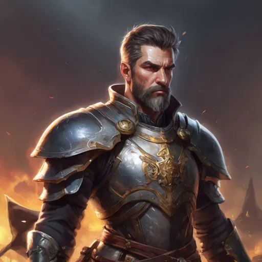 Prompt: Male stocky heavy-set large mature magical Holy paladin with short-cut hair and beard, on a battlefield, in combat, holding a mace, pathfinder, d&d setting, in a realistic high quality digital art style, enhanced shadow quality, colorful