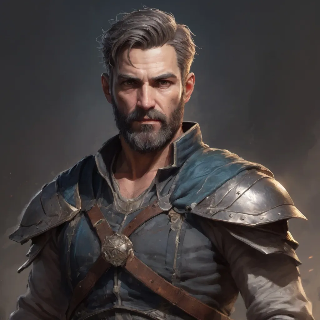Prompt: (torso) Male heavy-set mature fit magical bandit with short-cut hair and beard, holding fantasy-weapon, in movement, in a windy battlefield, pathfinder, d&d setting, enhanced shadow quality