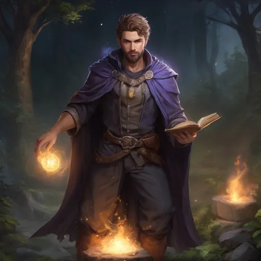 Prompt: (Full body) A male stocky hunky sorcerer looks like with short-cut hair and beard, casting magic spell, in a nature at night, pathfinder, d&d setting, in a realistic high quality digital art style, shaded style