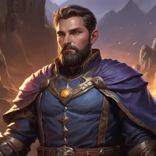 Prompt: male stocky heavy-set fit royal arcane-mage with short-cut hair and beard, hairy chest, casting bright spell, in windy valley at dusk, pathfinder, d&d setting, realistic style in high quality, enhanced shadow quality