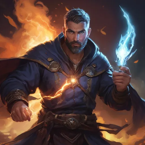 Prompt: Male stocky large mature muscular sorcerer with short-cut hair and beard, in combat casting a magic-ray out of hands in nature at night, pathfinder, d&d setting, in a realistic high quality digital art style, enhanced shadow quality, colorful