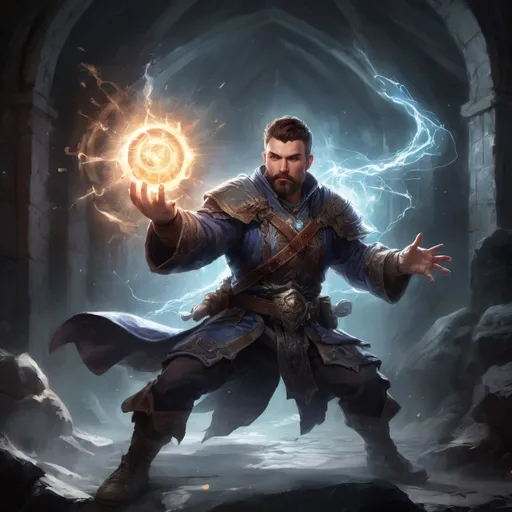 Prompt: Male stocky large battle-mage with short-cut hair and beard, engaged in combat casting a white-light spell inside of a dark dungeon, pathfinder, d&d setting, in a realistic high quality digital art style, enhanced shadow quality, colorful