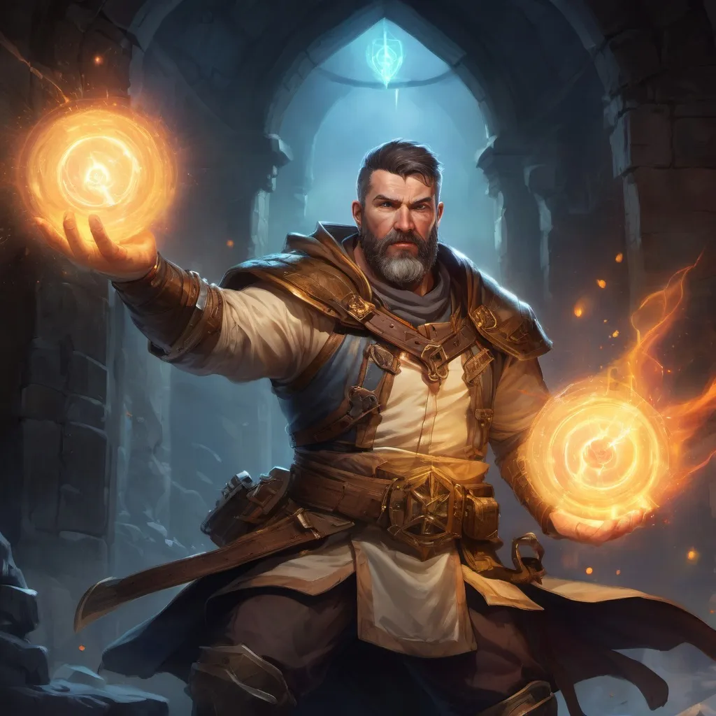 Prompt: Male stocky large mature muscular cleric with short-cut hair and beard, engaged in combat casting a prismatic-light spell inside of a dungeon, pathfinder, d&d setting, in a realistic high quality digital art style, enhanced shadow quality