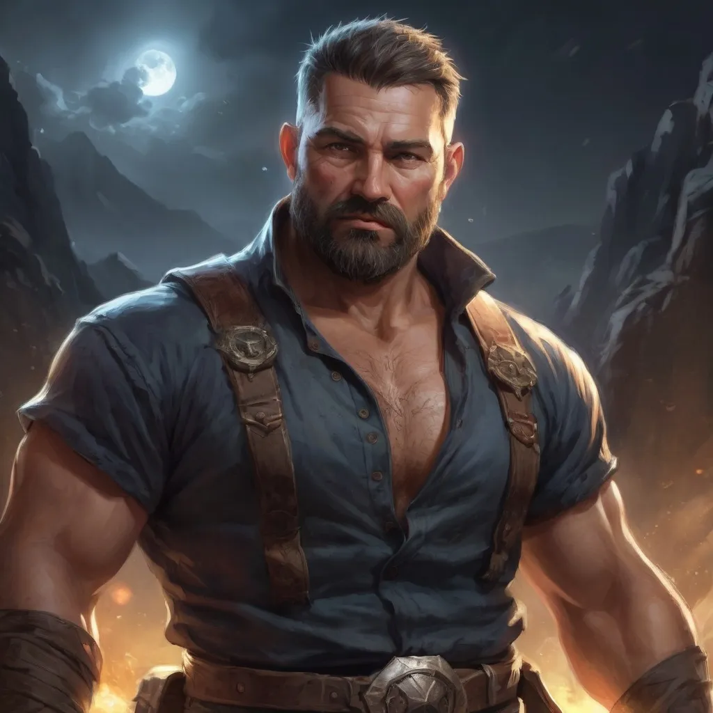 Prompt: (torso) Male stocky large fat beefy 42-year old enchanter with short-cut hair and beard, open shirt hairy chest, in combat casting a magic-spell out of hand in a windy valley at night, pathfinder, d&d setting, in a realistic high quality digital art style, enhanced shadow quality