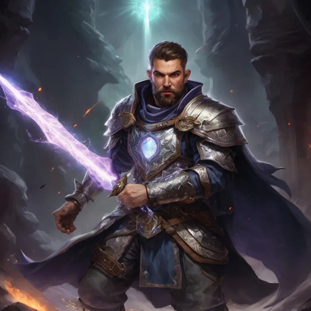 Prompt: Male stocky large battle-mage with short-cut hair and beard, wearing chainmail, engaged in combat casting a prismatic-spell inside of a dark dungeon, pathfinder, d&d setting, in a realistic high quality digital art style, enhanced shadow quality, colorful