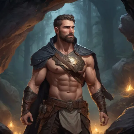 Prompt: (Full body) male handsome large muscular magical crusader with short hair and beard, outside of a cave by a forest at night, pathfinder, d&d setting, in a realistic high quality digital art style