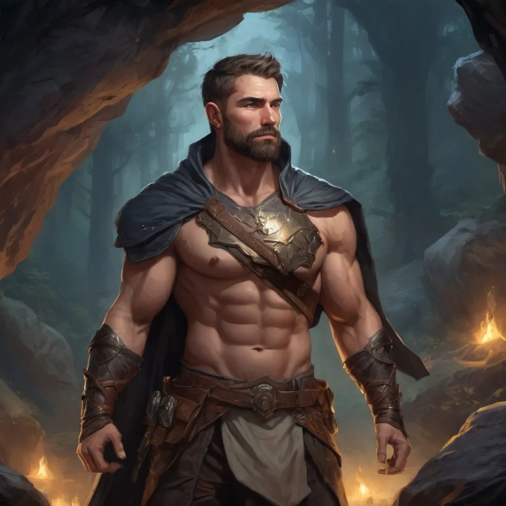 Prompt: (Full body) male handsome large muscular magical crusader with short hair and beard, outside of a cave by a forest at night, pathfinder, d&d setting, in a realistic high quality digital art style