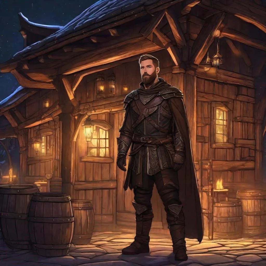 Prompt: (Full body) calvin harris as a ranger in leather armor, bearded, short hair, fantasy, standing outside a tavern at night, in a realistic digital art style