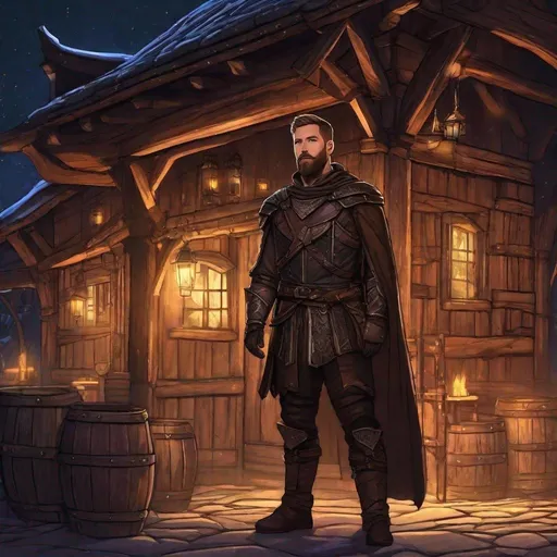 Prompt: (Full body) calvin harris as a ranger in leather armor, bearded, short hair, fantasy, standing outside a tavern at night, in a realistic digital art style