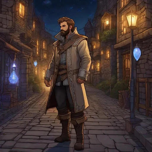Prompt: A male alchemist with dark-blonde short hair and beard, boots, standing on a road at night, pathfinder, dungeons & dragons, in a detailed realistic digital art style
