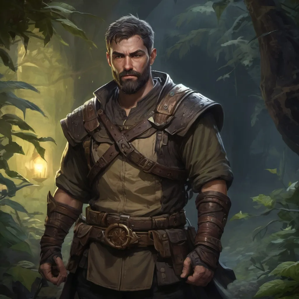 Prompt: Male stocky heavy-set mature fantasy-ranger with short-cut hair and beard, outside of fantasy forest at night, pathfinder, d&d setting, in a realistic high quality digital art style, enhanced shadow quality