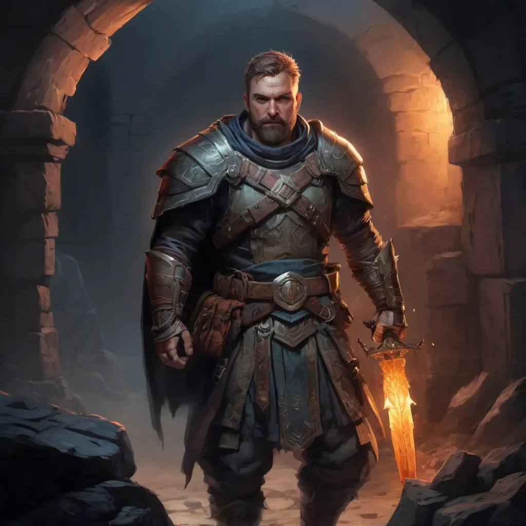 Prompt: Male stocky large warrior with short-cut hair and beard, exploring a dark dungeon, pathfinder, d&d setting, in a realistic high quality digital art style, enhanced shadow quality, colorful