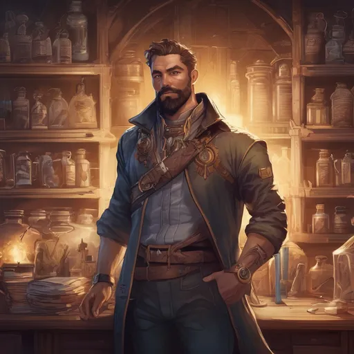 Prompt: (Full body) male handsome muscular alchemist with short hair and beard, in a labratory at night, pathfinder, d&d setting, in a realistic high quality digital art style