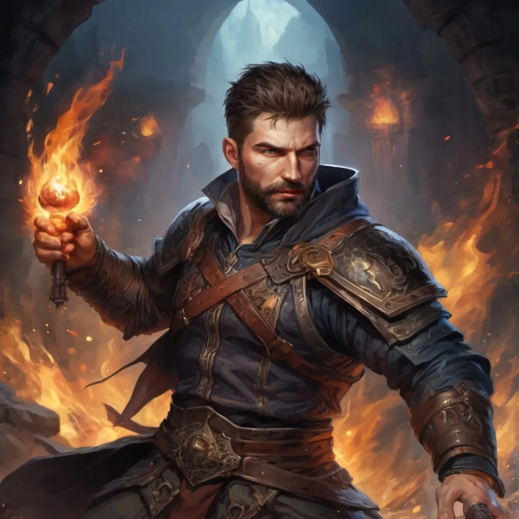 Prompt: (torso) Male stocky large croatian handsome battle-mage with short-cut hair and beard, engaged in combat casting an arcane-spell inside of a dark dungeon, in movement, pathfinder, d&d setting, realistic, enhanced shadow quality, colorful
