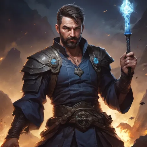 Prompt: Male stocky mature balance-cleric with short-cut hair and beard, on a battlefield at night, in combat, holding a magic staff into the ground causing a earthquake-spell, pathfinder, d&d setting, in a realistic high quality digital art style, enhanced shadow quality, colorful