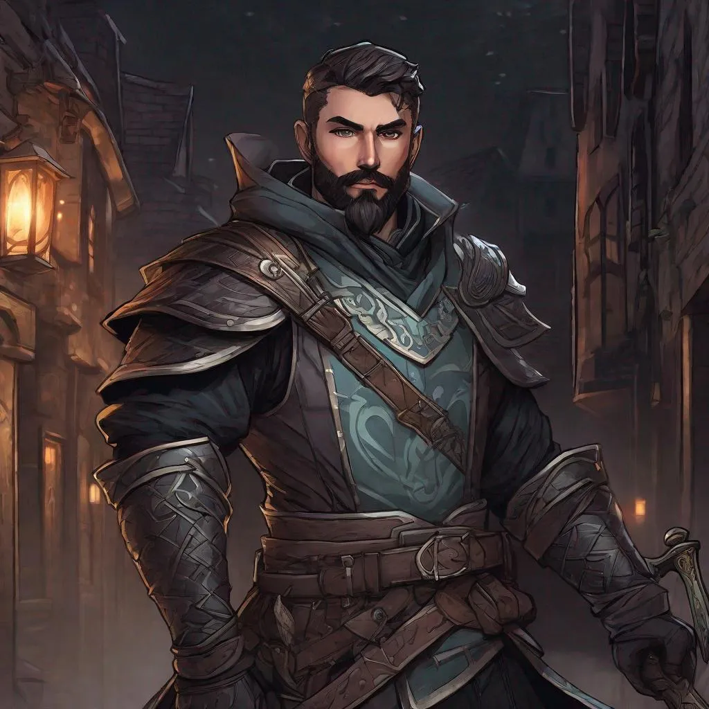 Prompt: (Full body) handsome arcane trickster glowing eyes with short cut hair beard, scar, manly face, dark light armor, holding a dagger, pathfinder, dungeons and dragons, in a dark back street, sneaking, in a painted style, realistic