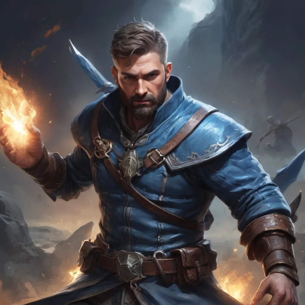 Prompt: Male stocky heavy-set mature illutionist with short-cut hair and beard, on a battlefield, in combat, casting a azure-spell, pathfinder, d&d setting, realistic high quality, enhanced shadow quality
