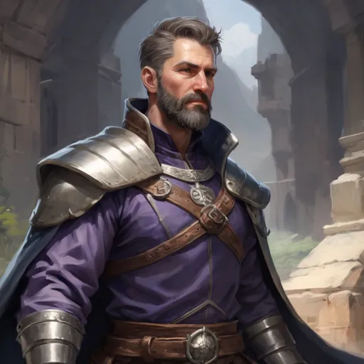 Prompt: Male heavy-set mature fit royal magus with short-cut hair and beard, in a windy castleground, pathfinder, d&d setting, enhanced shadow quality