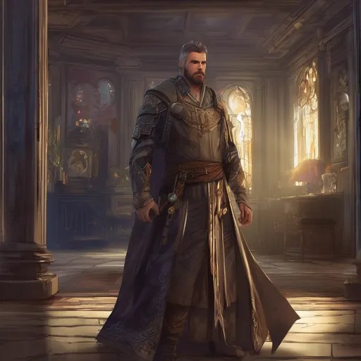 Prompt: (Full body) male stocky young royal noble with short-cut hair and beard, in a dark room, pathfinder, d&d setting, in a realistic digital art style