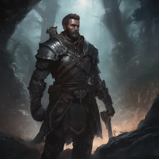 Prompt: (Full body) male handsome large muscular dualist with short hair and beard, outside of a cave by a forest at night, pathfinder, d&d setting, in a realistic high quality digital art style