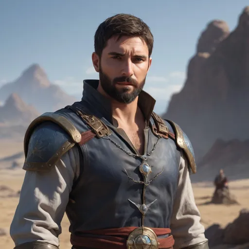Prompt: (head and torso) Male heavy-set fit 30-year old hunky sorcerer with short-cut hair and beard, holding magic-spell, on a windy battlefield, pathfinder, d&d setting, enhanced shadow quality