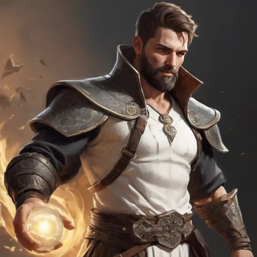 Prompt: (torso) Male stocky large fit 37-year old eidolon-summoner with short-cut hair and beard, casting a magic-ray out of hands in a windy path, pathfinder, d&d setting, in a realistic high quality digital art style, enhanced shadow quality, colorful